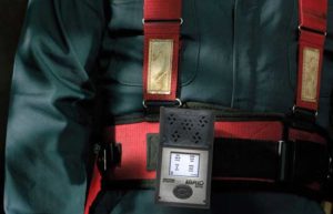 MX6 multi-gas portable gas detector on miner's belt clip