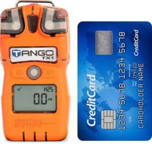 Tango TX1 gas detector size compared to a credit card