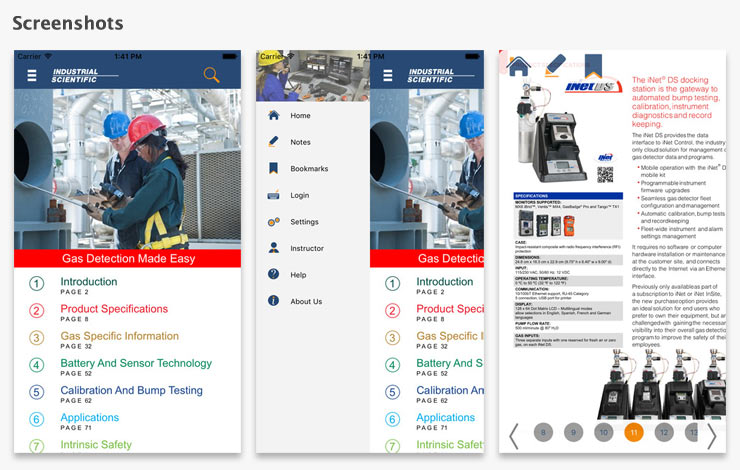 Gas detection training app screenshots
