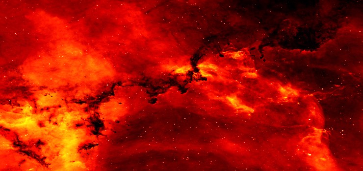 A close up view of the Rosette Nebula. The red colour comes from Hydrogen. Image based on data obtained as part of the INT Photometric H-Alpha Survey of the Northern Galactic Plane, prepared by Nick Wright, University College London, on behalf of the IPHAS Collaboration. Public domain, via Wikimedia Commons.