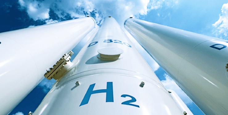 Hydrogen storage tanks at a hydrogen fuel production facility.